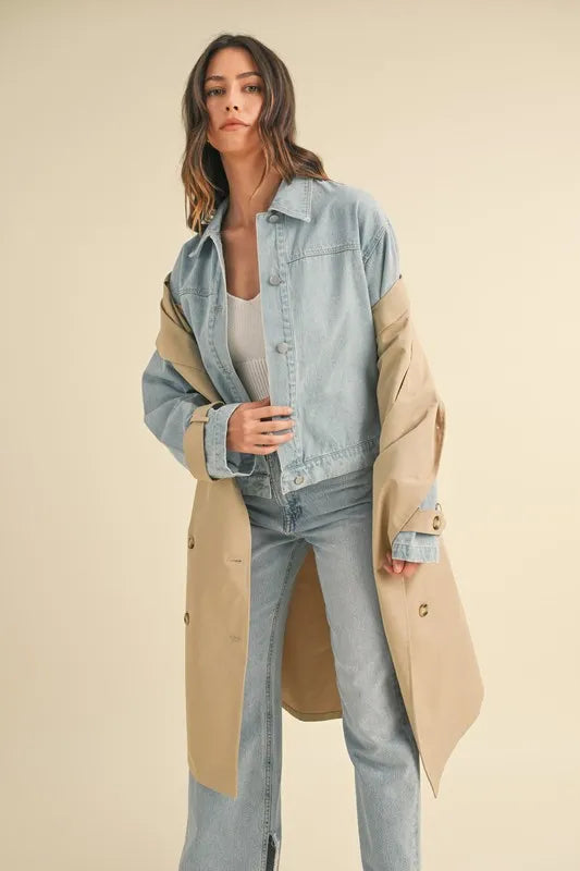 MABLE Layered Look Trench Coat With Denim Jacket in - photo