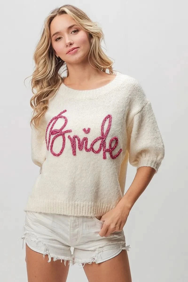BiBi Metallic Letter Short Puff Sleeve Hairy Sweater in - photo
