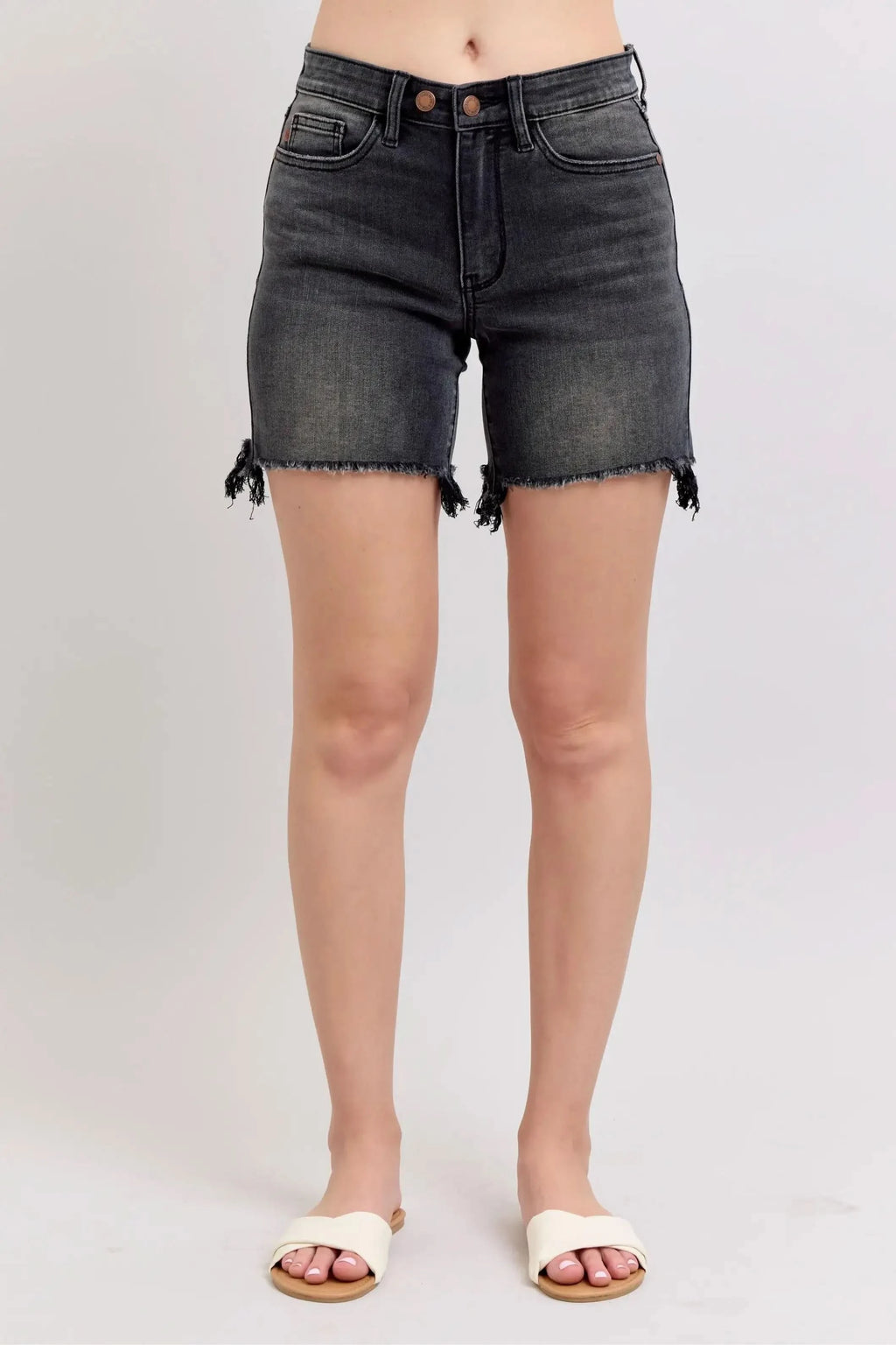 Judy Blue Full Size Long Cut Off 2 Button Dad Denim Shorts Plus Size in Black - photo