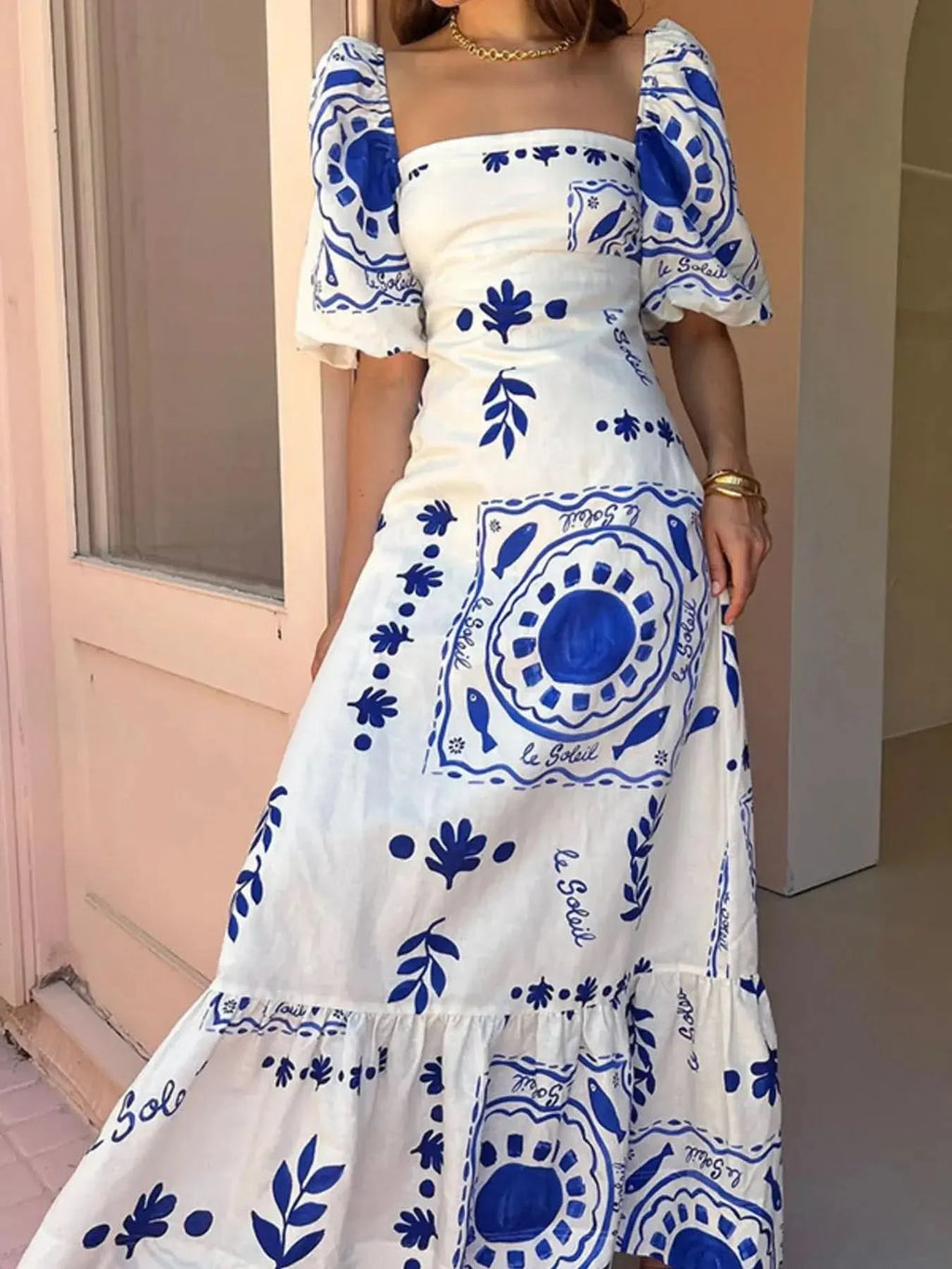 Floral Square Neck Puff Sleeve Maxi Dress with Ruffle Hem in - photo