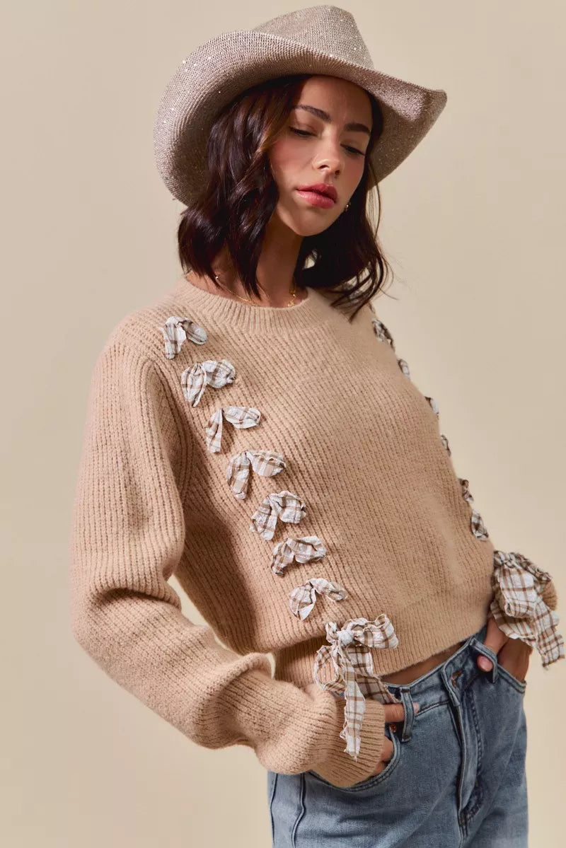 SO ME Checkered Plaid Tape Lace Up Ribbed Sweater in - photo