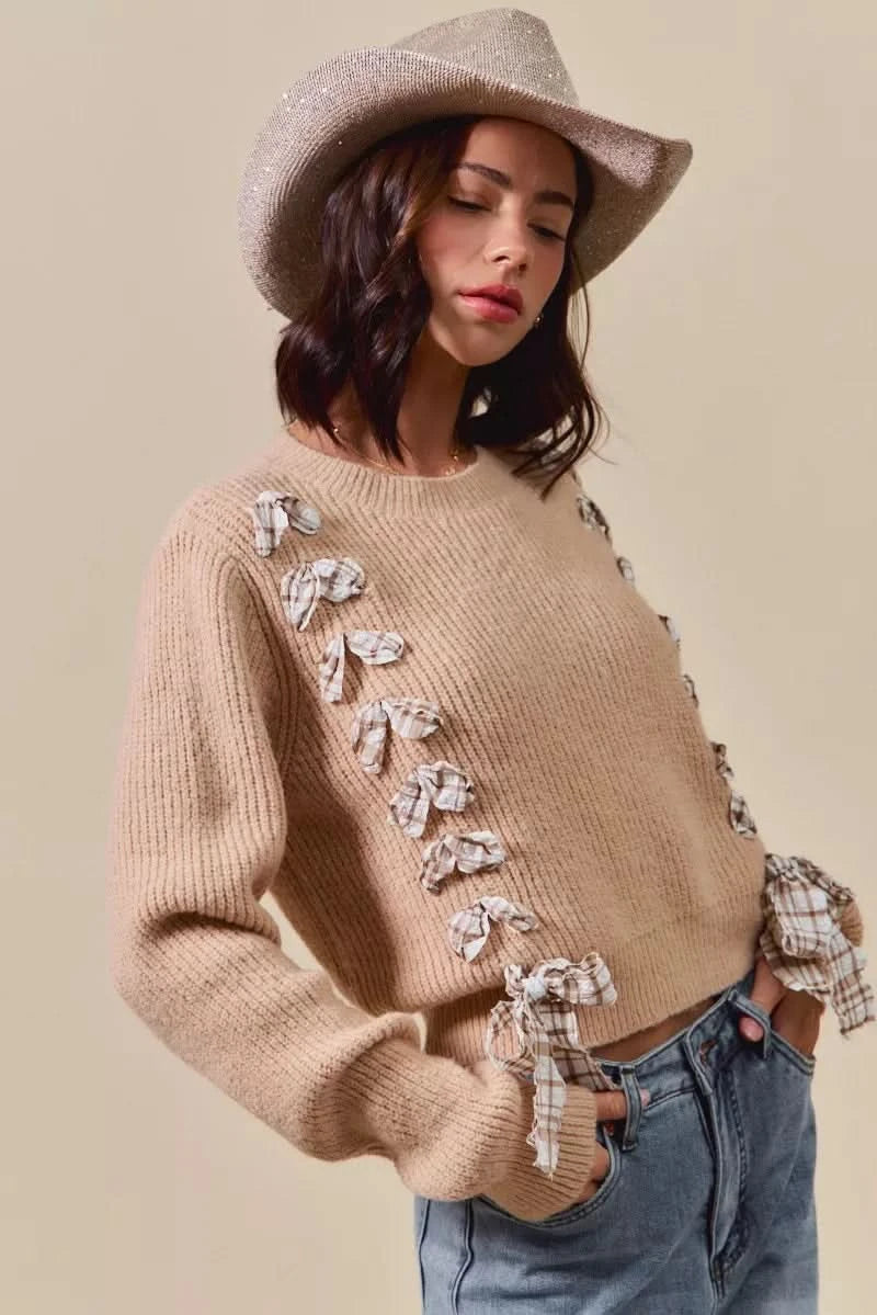 SO ME Checkered Plaid Tape Lace Up Ribbed Sweater in - photo