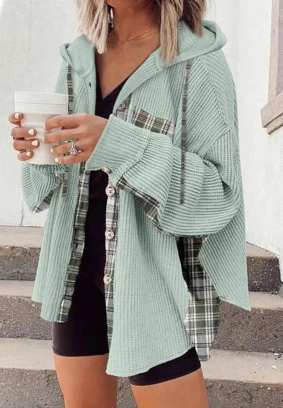 Waffle Knit Plaid Patchwork Drawstring Hooded Shacket in - photo