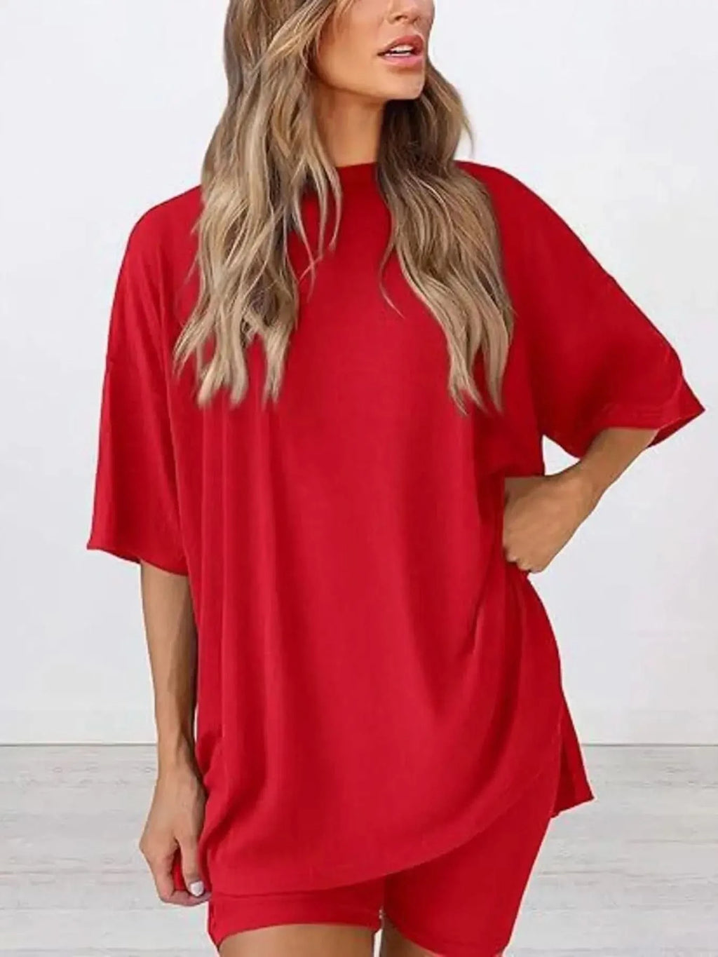 Full Size Oversized Slit Round Neck Top and Shorts Lounge Set Plus Size in Red - photo