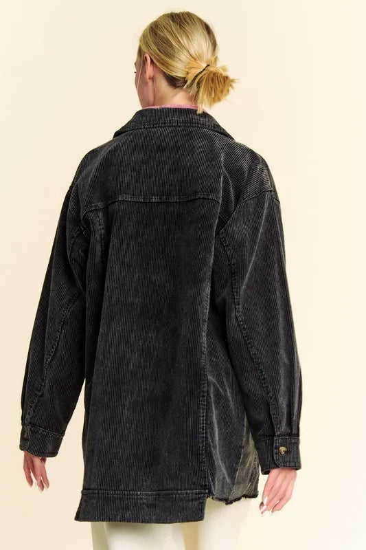 Davi & Dani Washed Corduroy Raw Hem Button Up Jacket in - photo