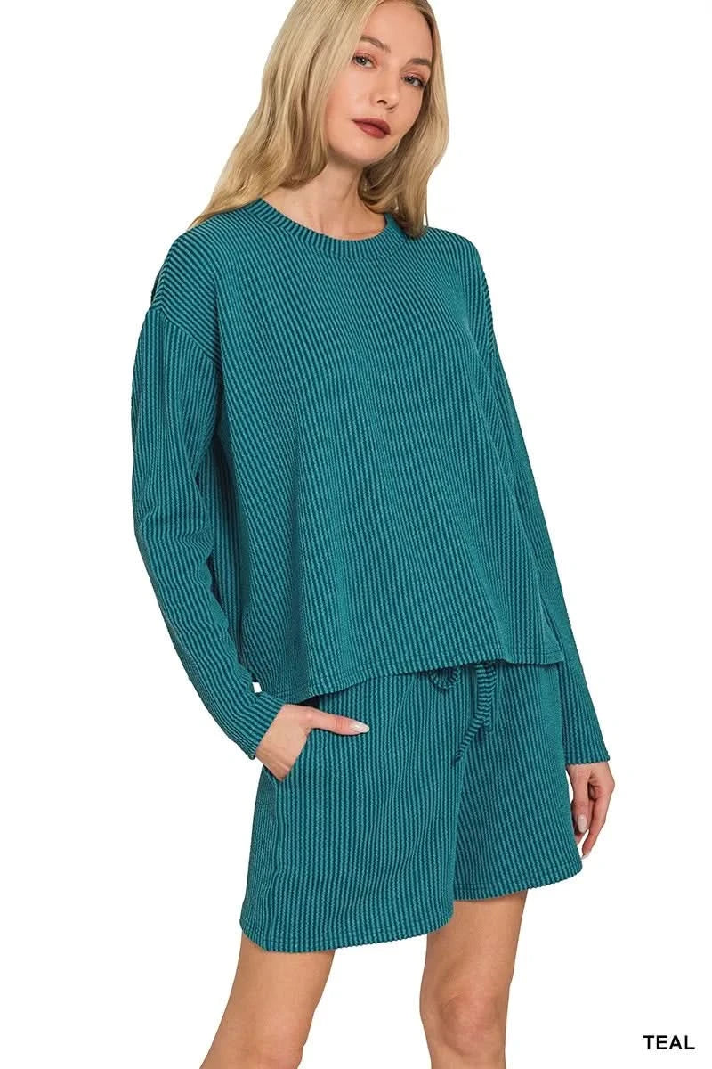 Zenana Corded Rib Long Sleeve Tee and Shorts Set in - photo
