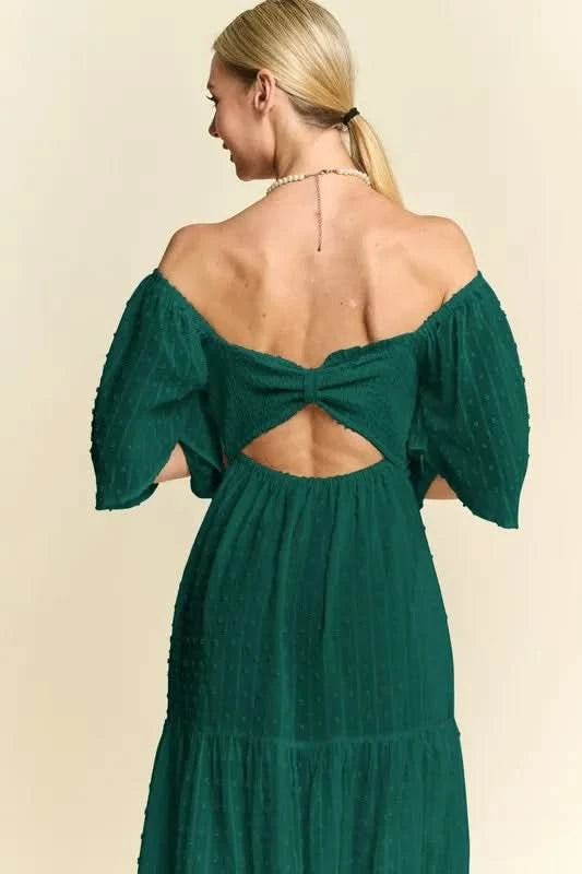 Davi & Dani Swiss Dotted Ruched Ruffle Open Back Midi Dress in - photo