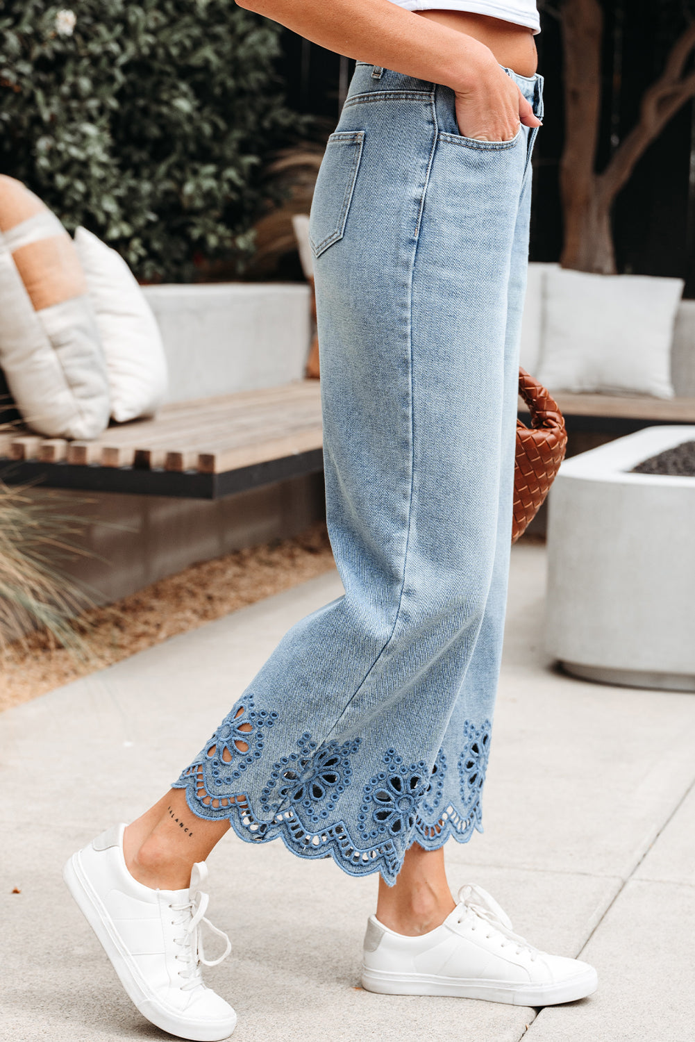 Juliette Embroidered Cropped Wide Leg High Waist Jeans in - Bottoms/Jeans photo