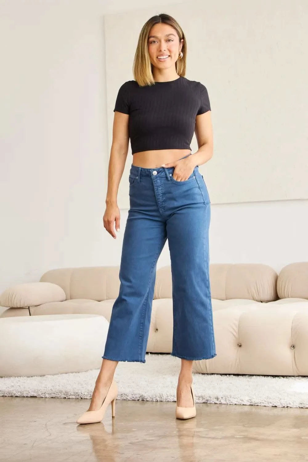 RFM Crop Chloe Full Size Tummy Control High Waist Raw Hem Jeans in - photo