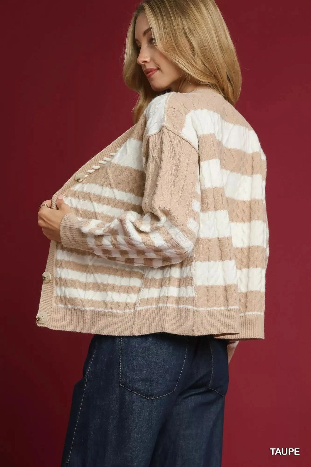 Umgee Cable-Knit Stripe Button-Up Cardigan in - photo