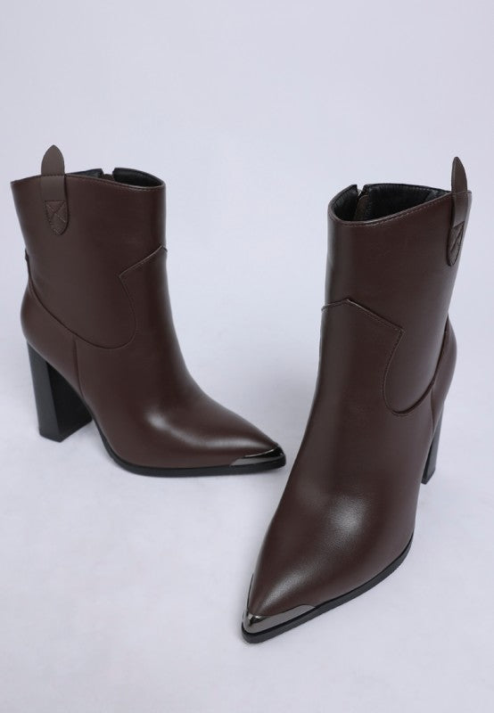 Hatter Pointed Toe Faux Leather Boots in Brown - photo
