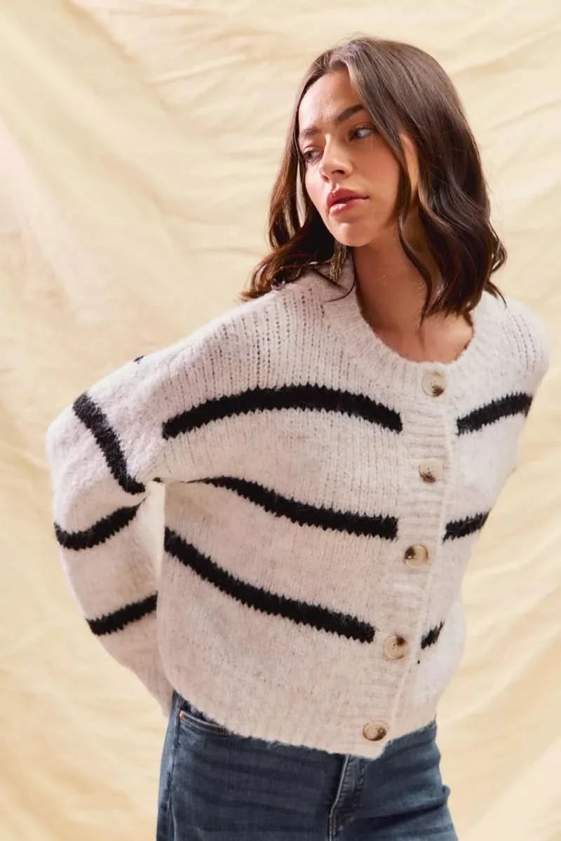 SO ME Stripe Soft Touch Button Cozy Sweater Cardigan in - photo