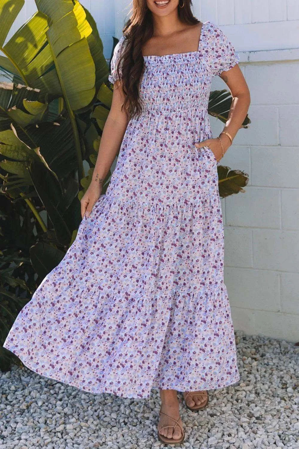 Tiered Floral Shirred High Waist Maxi Dress in - photo