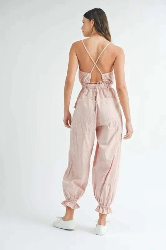 MABLE Washed Fabric Spaghetti Strap Waist Belted Jumpsuit - SwagglyLife Home & Fashion