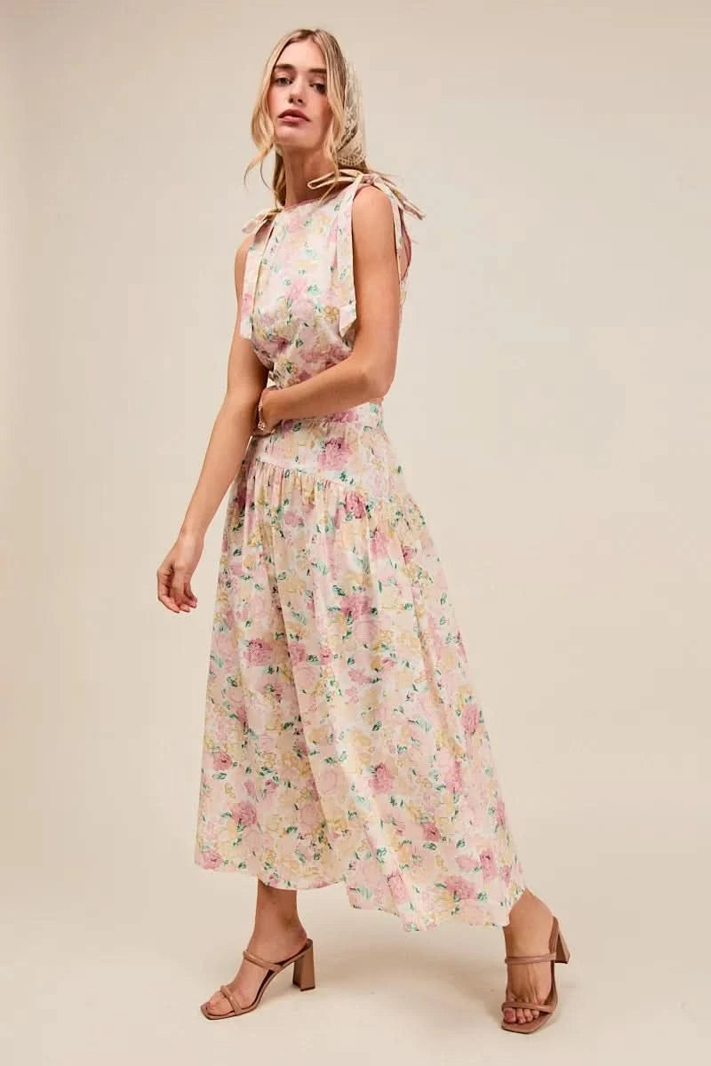 SO ME Floral Printed Woven Shoulder Bow Tie Top and Skirt Set in - photo
