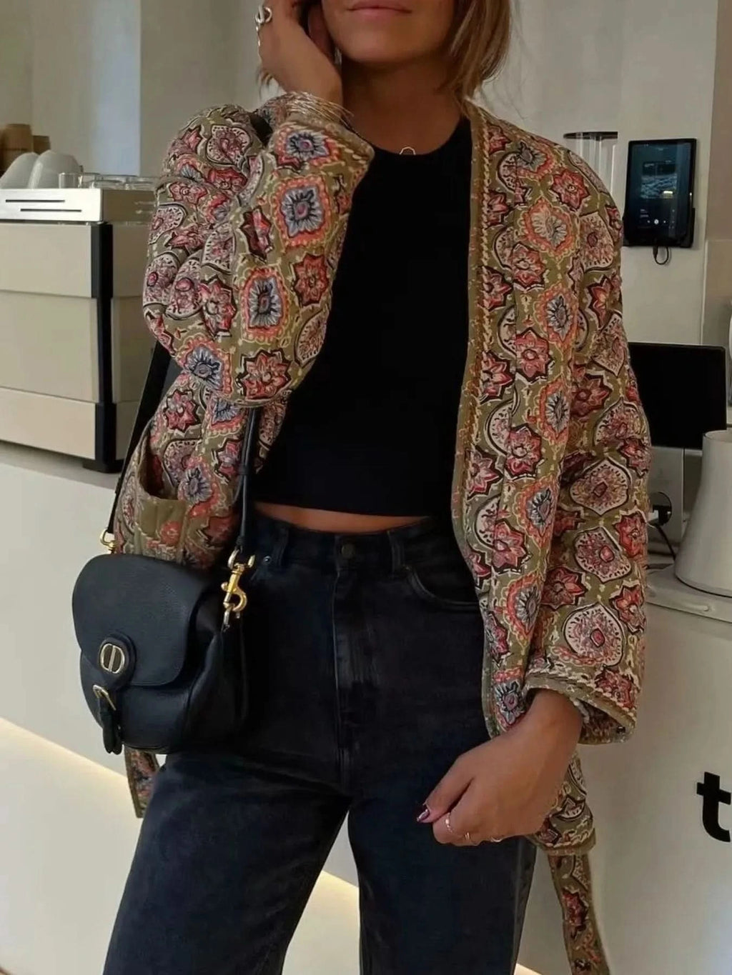 Belted Open Front Floral Winter Coat in - photo