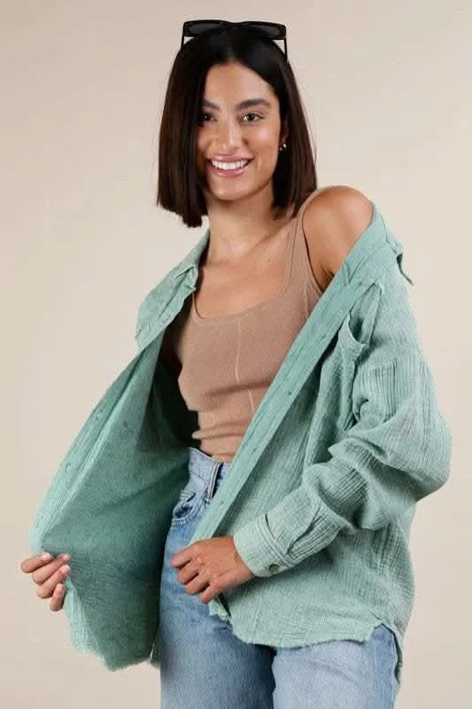 VERY J Mineral Washed Gauze Button Down Shirt - SwagglyLife Home & Fashion