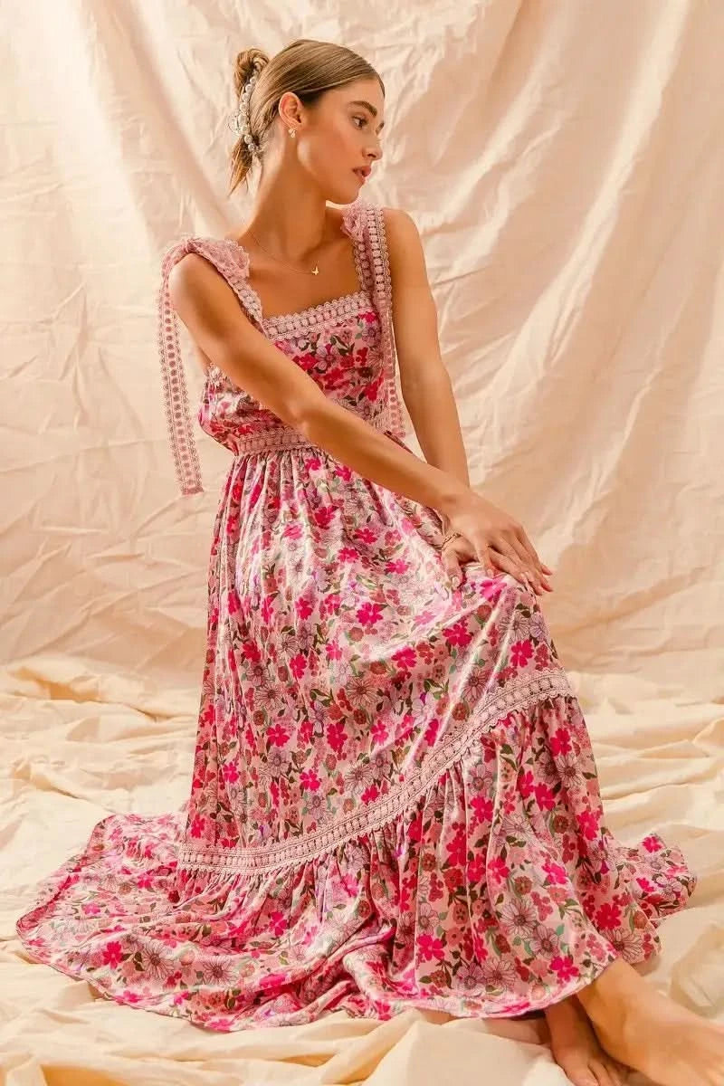 SO ME Floral Maxi Dress With Ribbon Tie Lace Strap in - photo