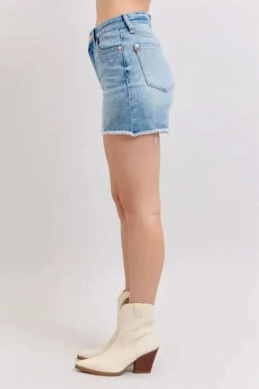 Judy Blue Full Size High Waist Western Embroidery Detail Cut Off Denim Shorts Plus Size in - photo