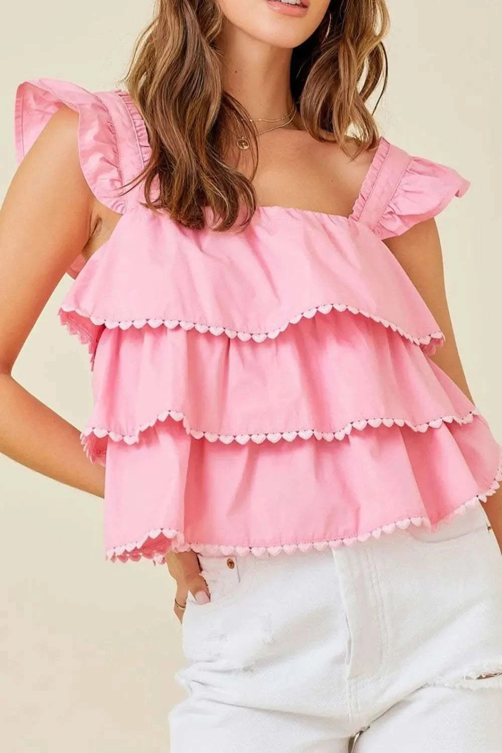 Tiered Heart Trim Square Neck Top in Blush Pink - photo