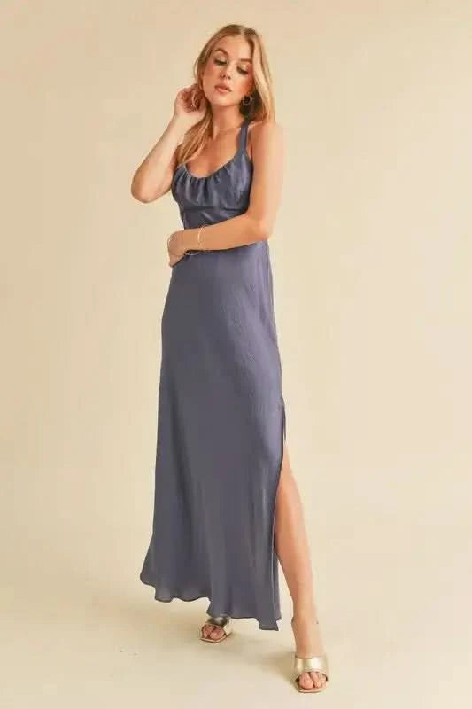 Aemi + Co Ruched Side Slit Cutout Back Maxi Cami Dress in - photo