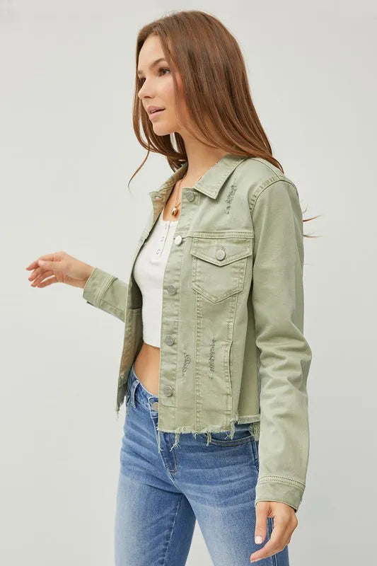 RISEN Full Size Raw Hem Button Up Cropped Denim Jacket Plus Size in - photo