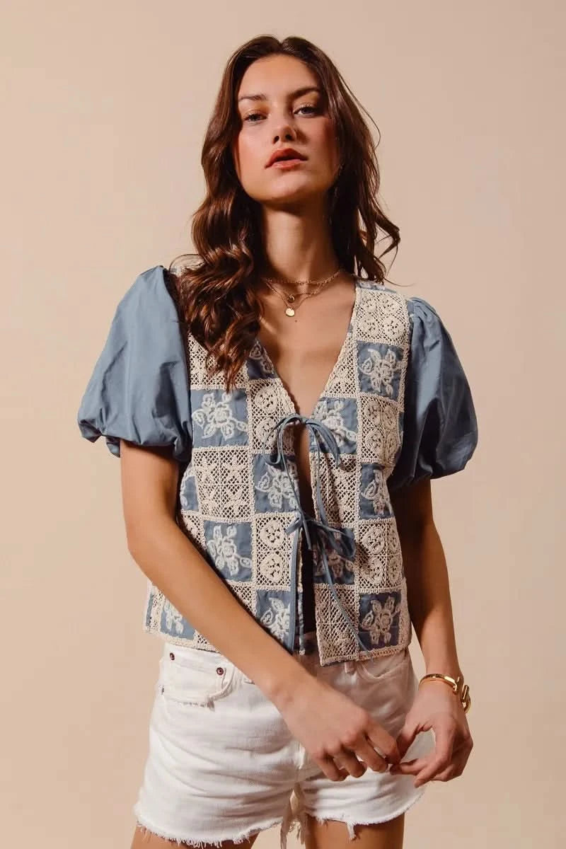 SO ME Crochet Lace Tie Front V Neck Blouse Top - SwagglyLife Home & Fashion