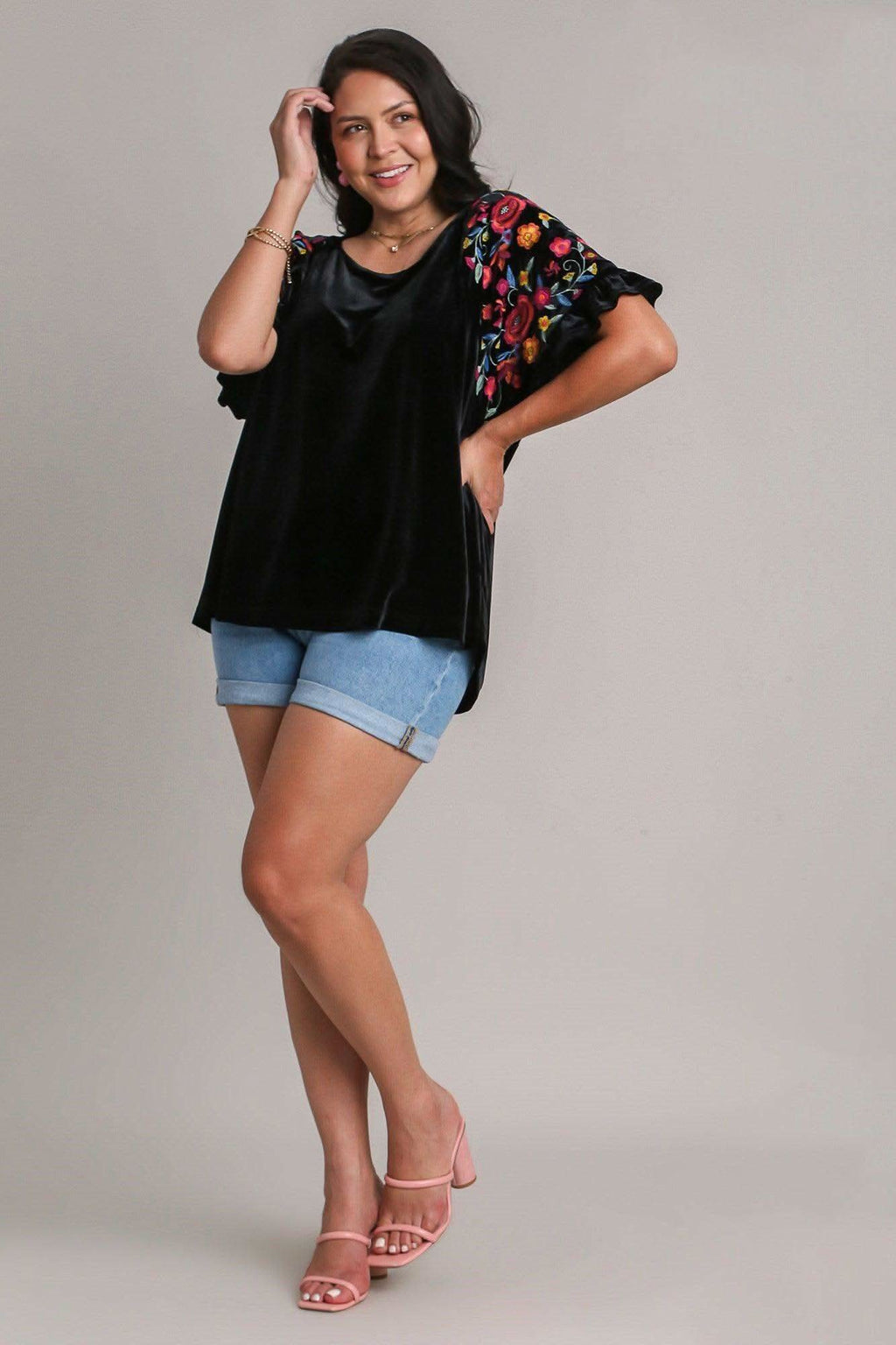 Umgee Full Size Velvet Embroidery Short Sleeve Blouse - SwagglyLife Home & Fashion