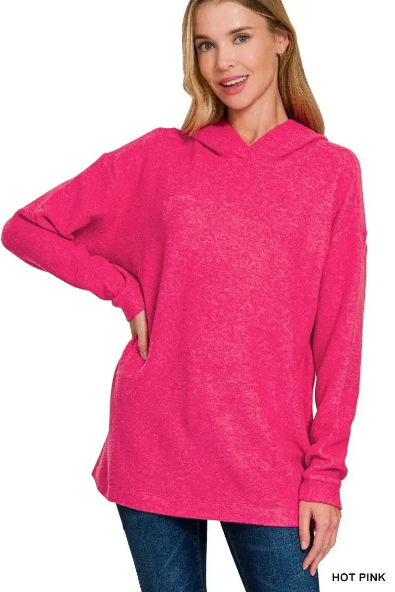 Zenana Hooded Brushed Melange Hacci Sweater in HOT PINK - photo