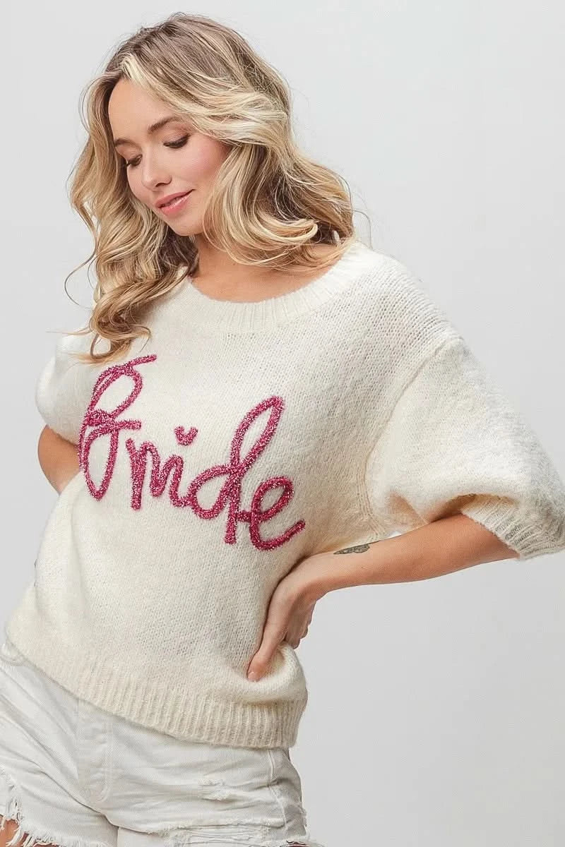 BiBi Metallic Letter Short Puff Sleeve Hairy Sweater in - photo