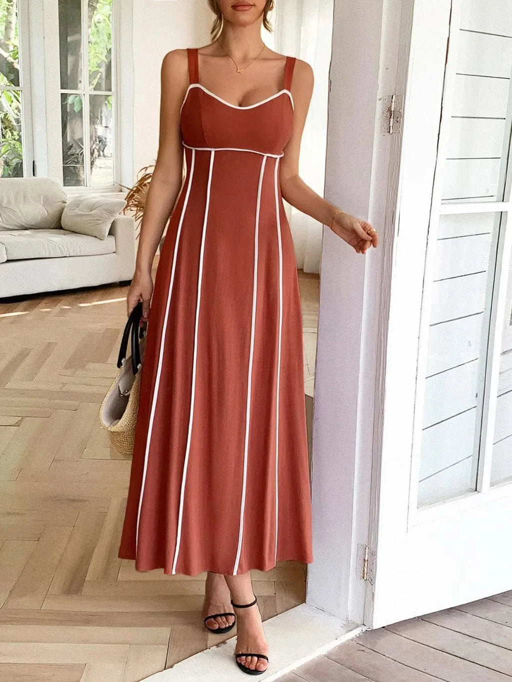 Contrast Wide Strap Midi Cami Dress in Rust - photo
