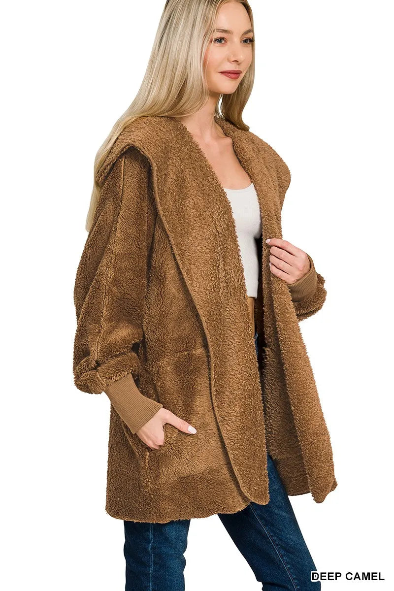 Zenana Hooded Faux Fur Jacket with Pockets in - photo