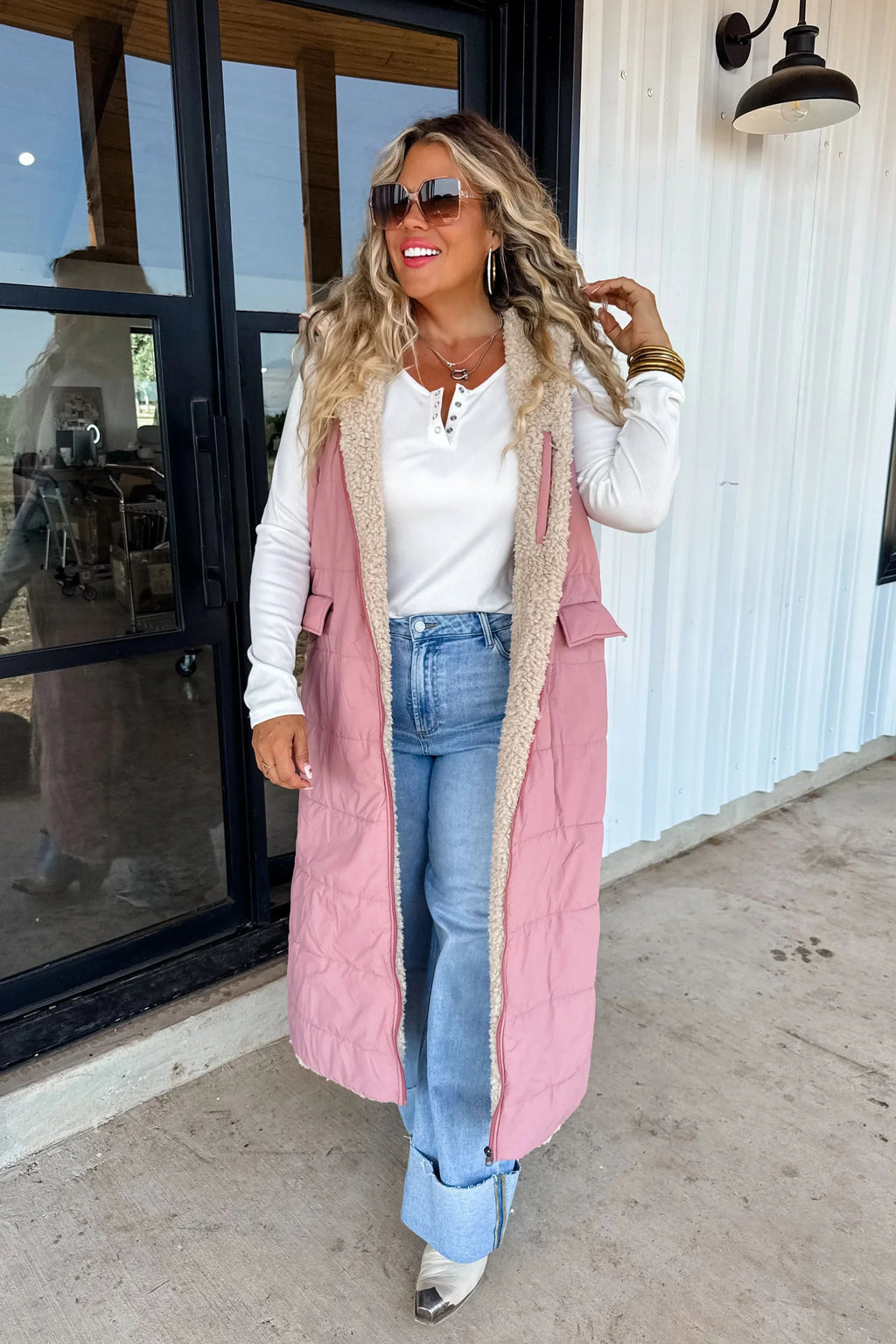 PREORDER: Reversible Sherpa Puffer Vest in Mauve - Womens photo