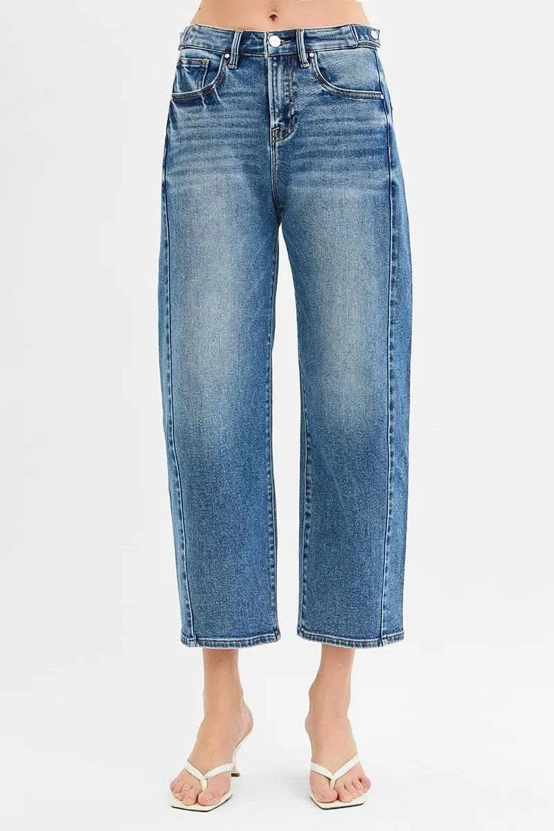 RISEN High Rise Crop Length Barrel Adjustable Waist Band Jeans in - photo