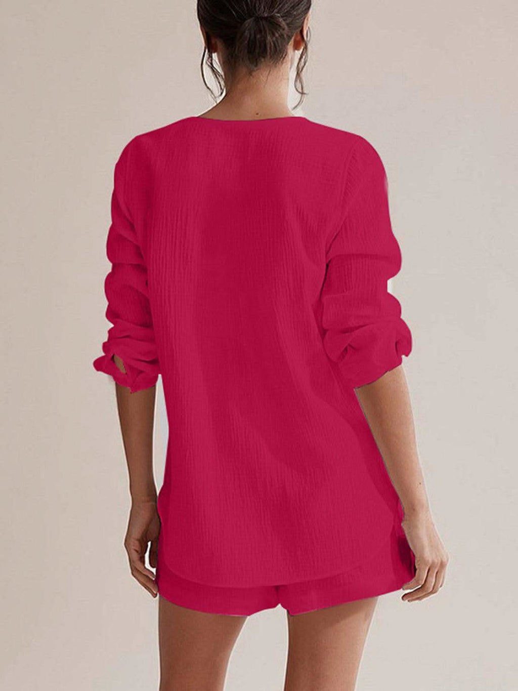 Notched Long Sleeve Top and Shorts Set - SwagglyLife Home & Fashion