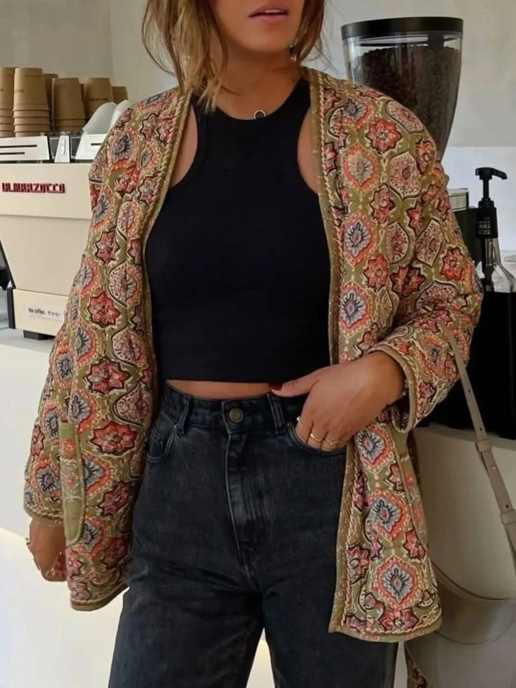 Belted Open Front Floral Winter Coat in Floral - photo