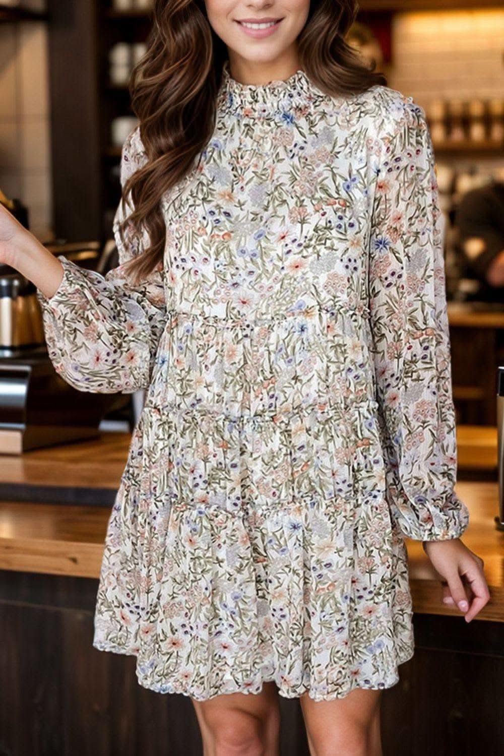 Printed Mock Neck Long Sleeve Mini Dress in Floral - Dresses photo