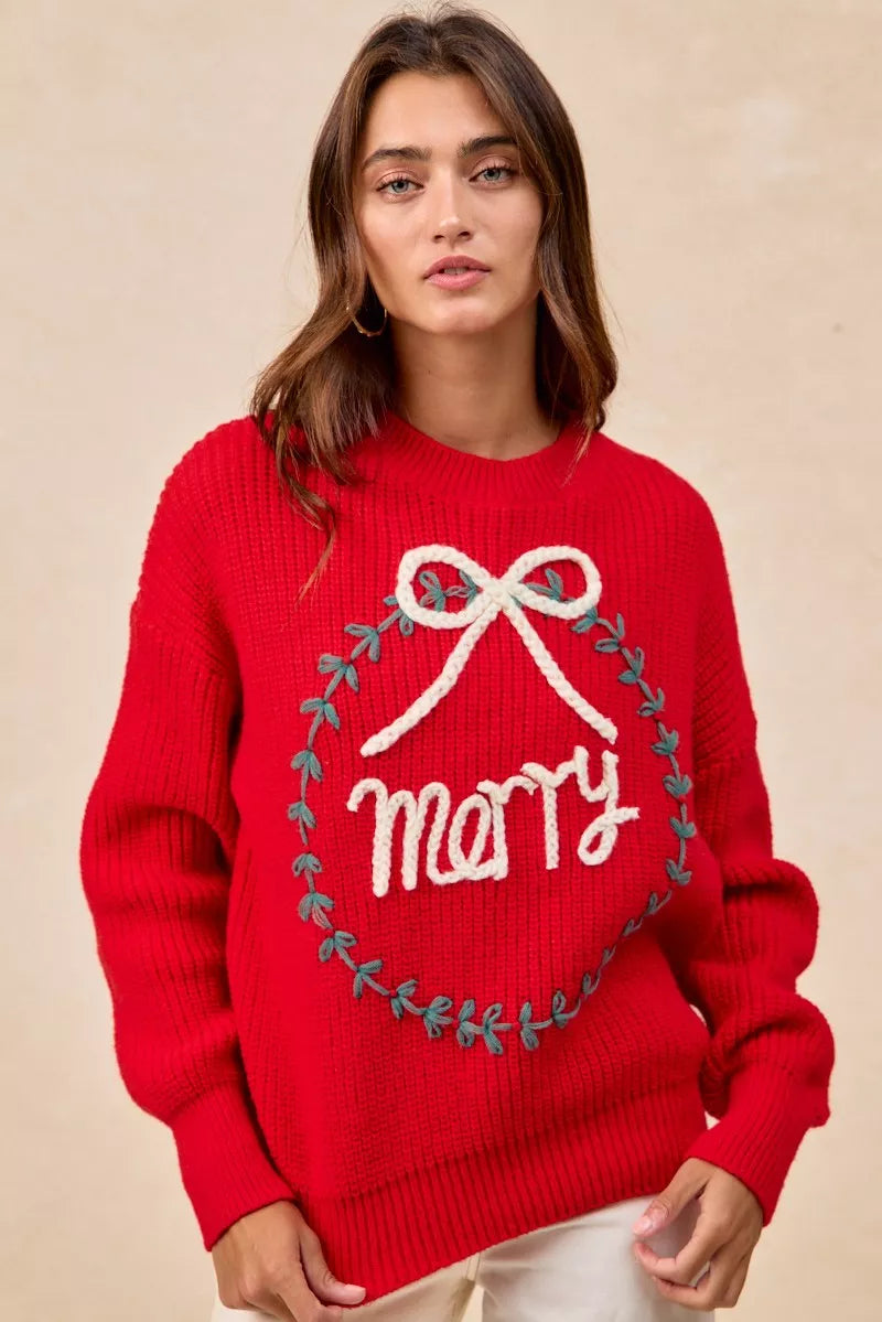 BiBi Christmas Wreath Merry Letter Knit Top in - photo