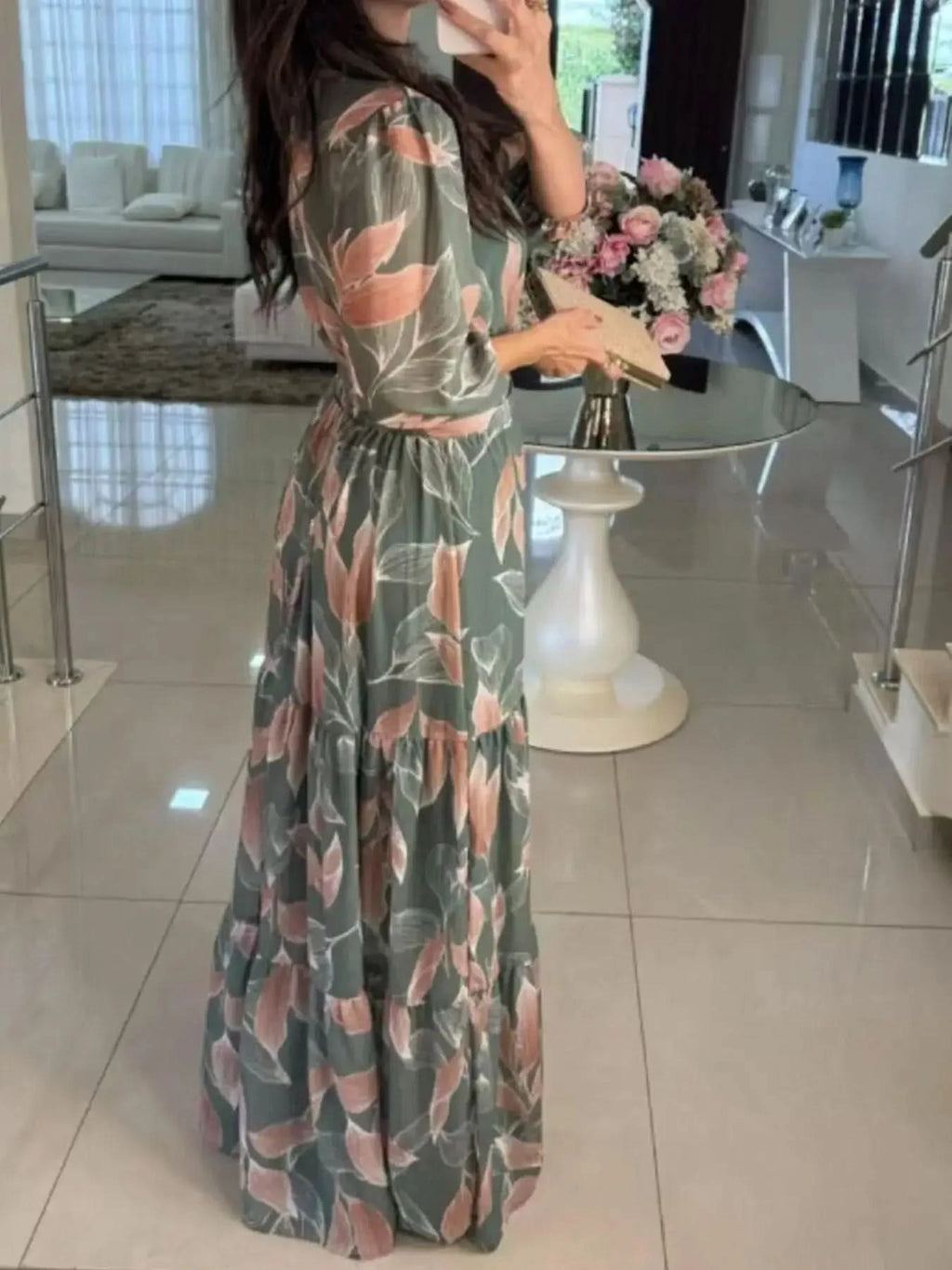 Full Size Printed V-Neck Maxi Dress with Tiered Hemline Plus Size - SwagglyLife Home & Fashion