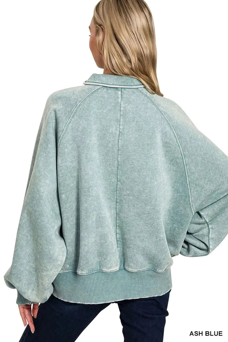 Zenana Acid Wash Fleece Collared Sweatshirt in - photo