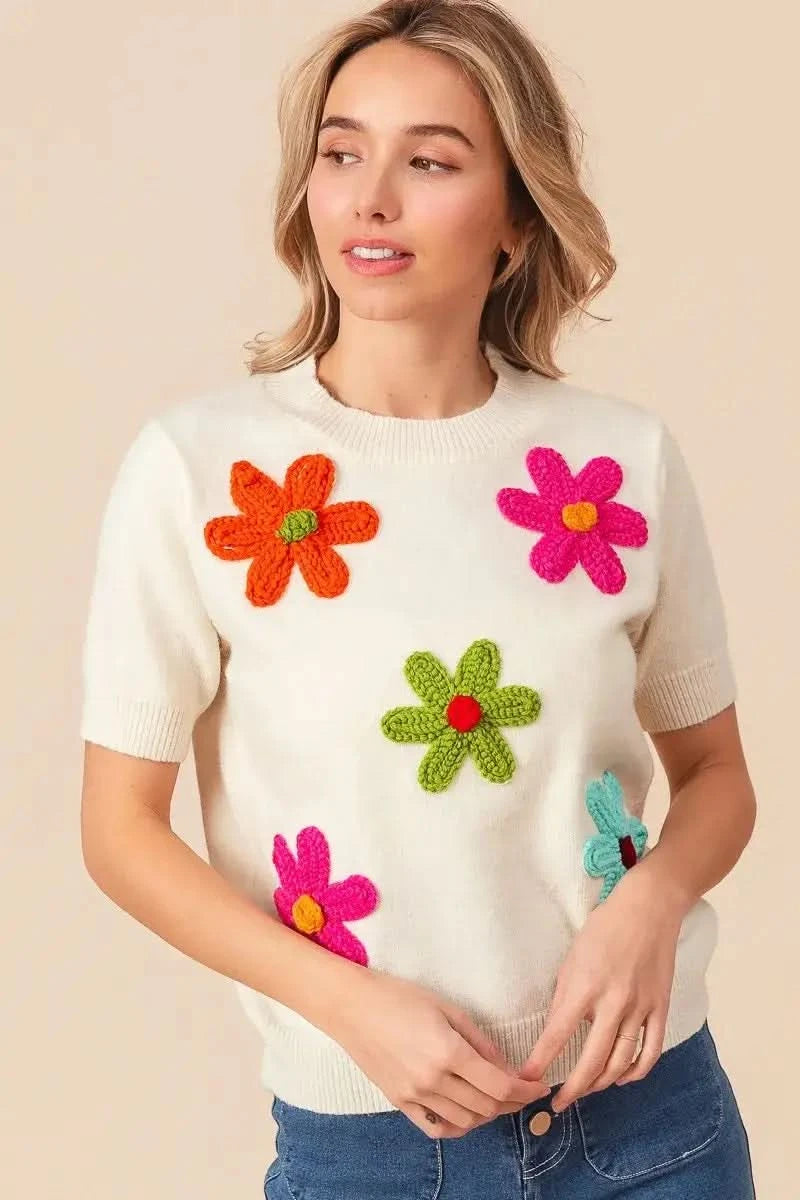BiBi Crochet Flower Patch Sweater Top in - photo