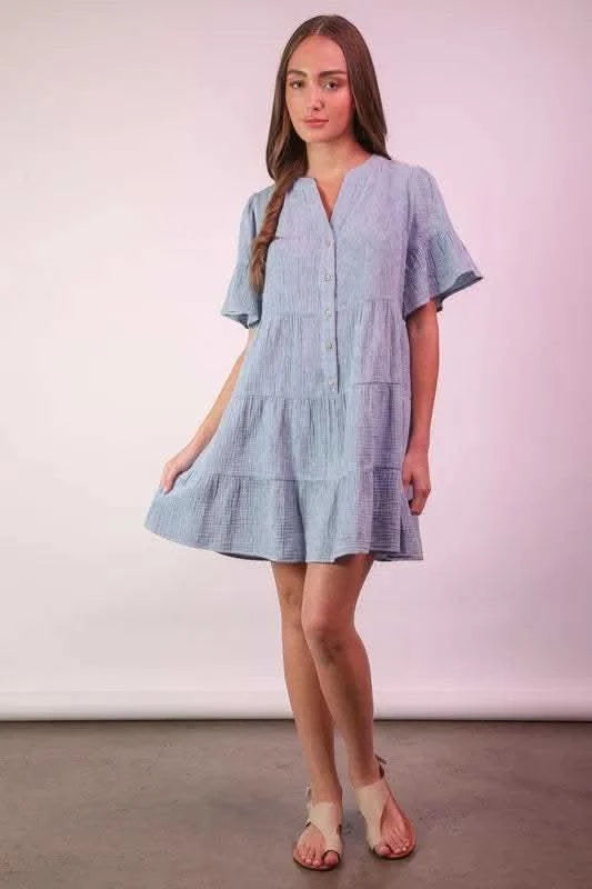 VERY J Mineral Washed Baby Bell Sleeve Woven Mini Dress in - photo