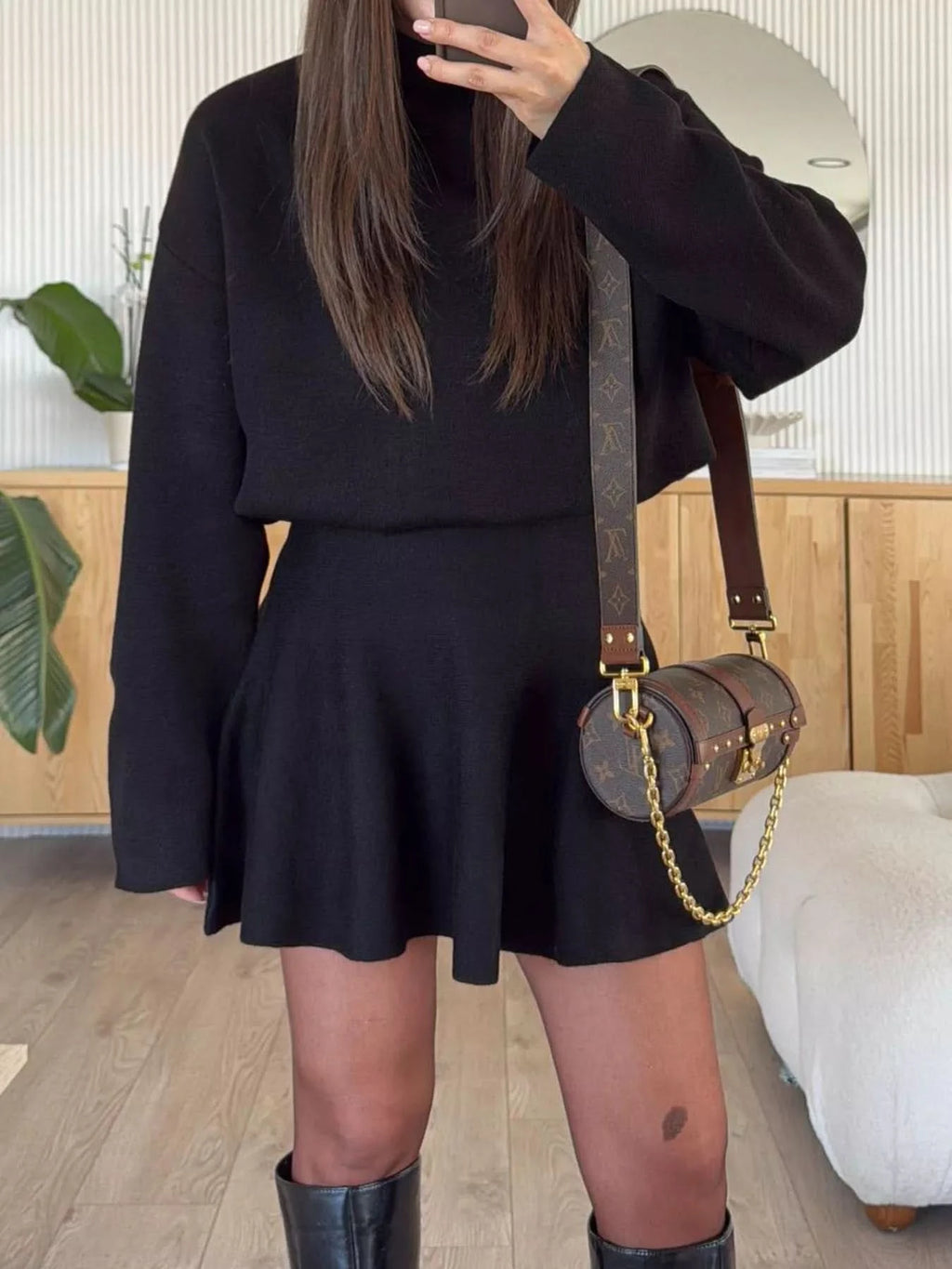 Round Neck Long Sleeve Mini Sweater Dress in - photo
