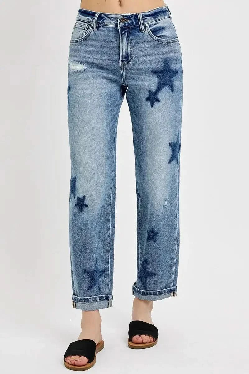 RISEN Full Size Mid Rise Boyfriend Star Shadow Detail Cuffed Jeans Plus Size in MEDIUM - photo