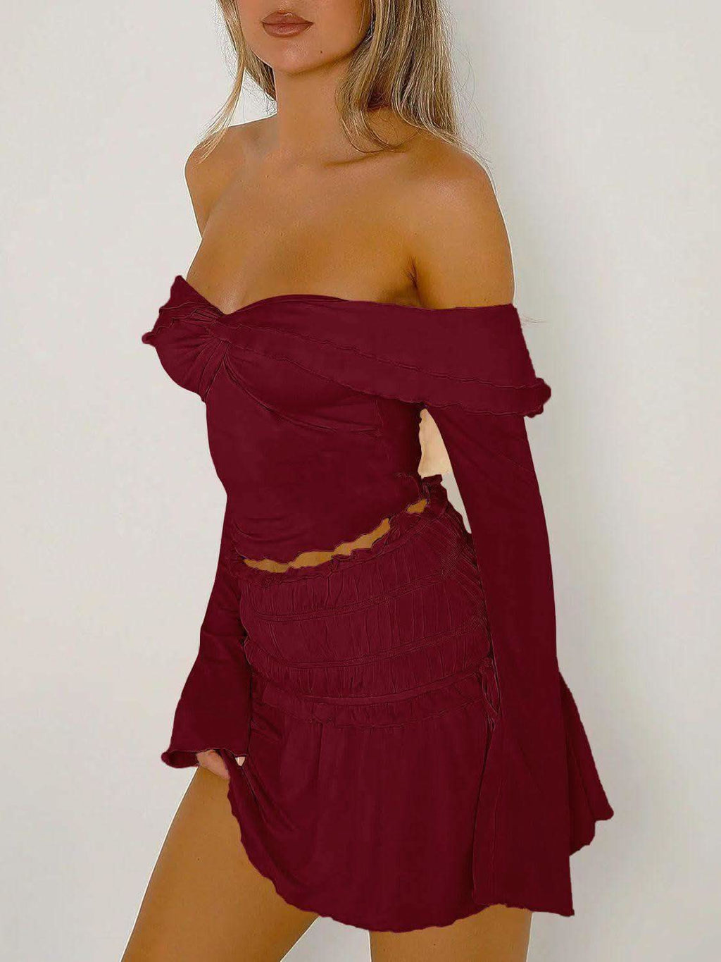 Devine Twisted Ruffled Off-Shoulder Long Sleeve T-Shirt in - tops photo