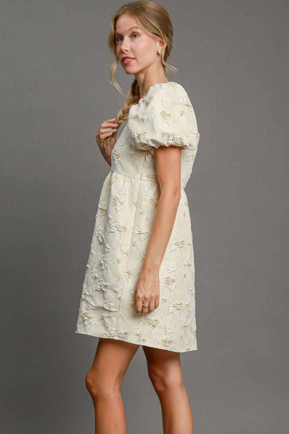 Umgee Heart Jacquard Square Neck Puff Sleeve Mini Dress in - Dresses photo