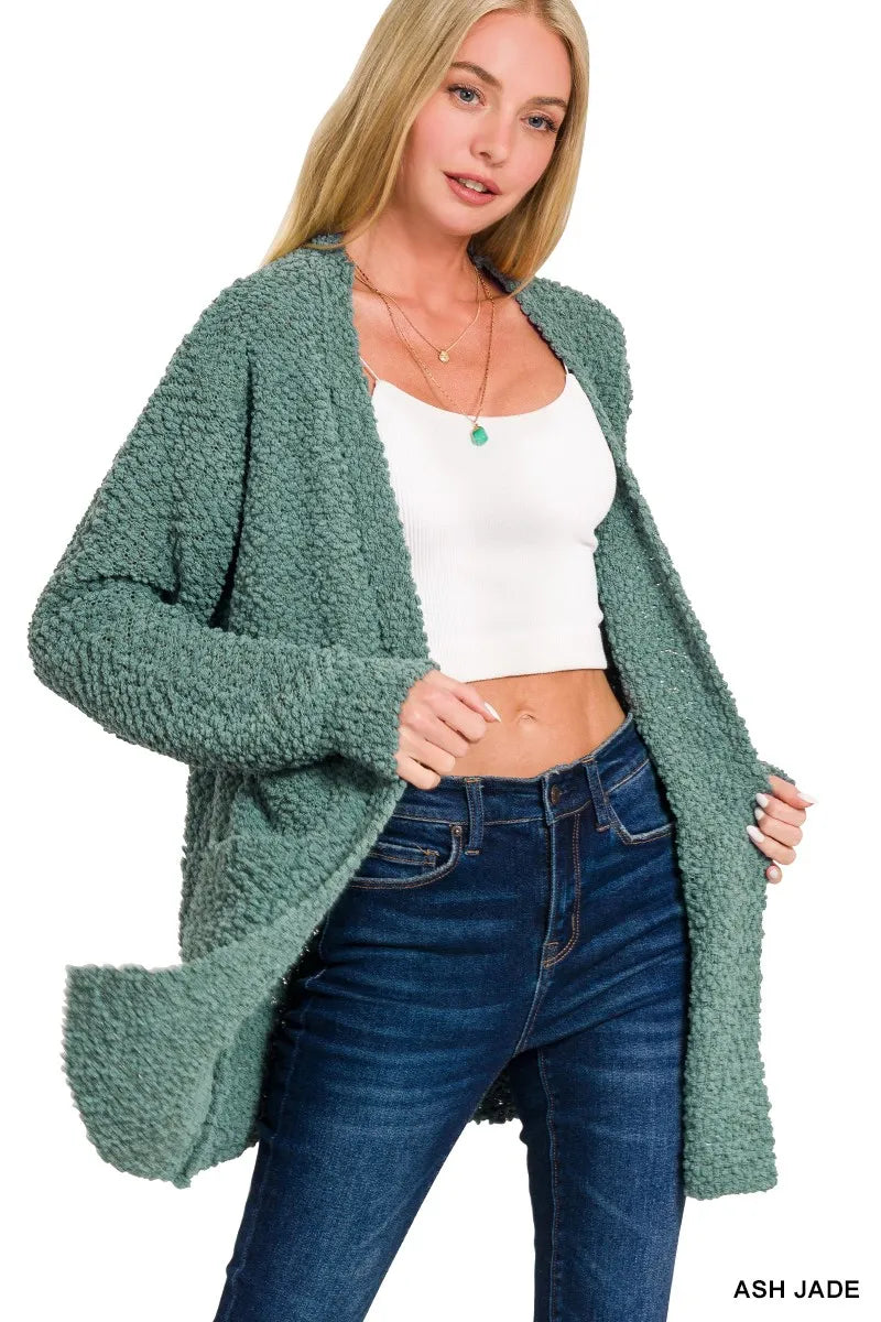 Zenana Long Sleeve Popcorn Sweater Cardigan with Pockets - SwagglyLife Home & Fashion