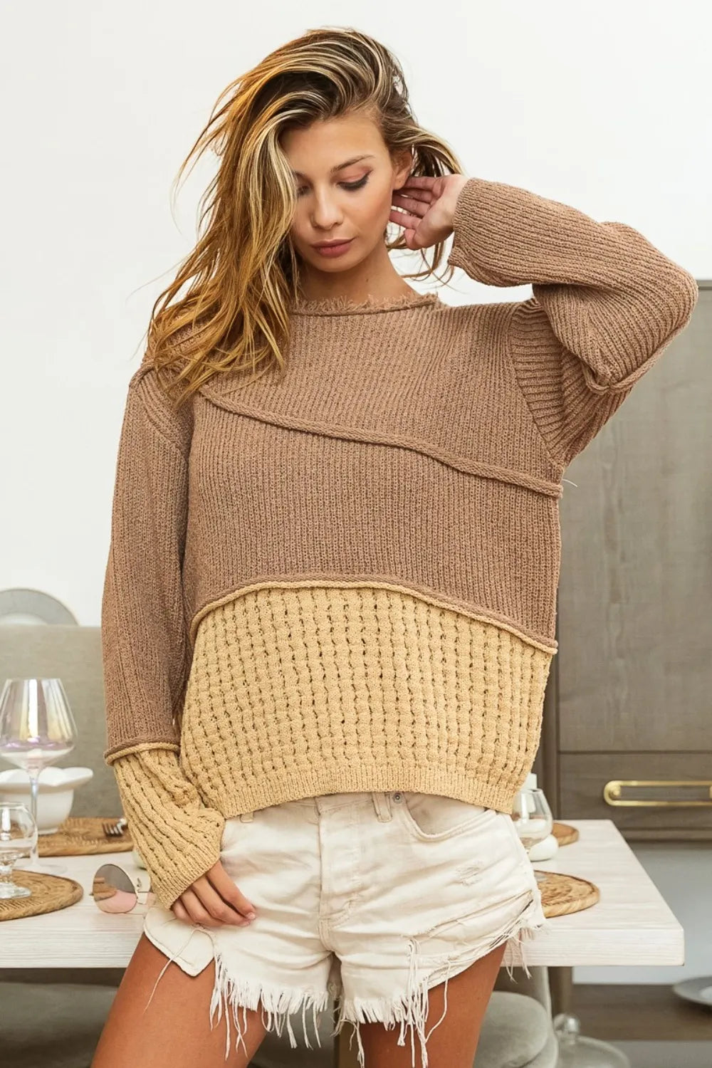 BiBi Texture Detail Contrast Drop Shoulder Sweater - SwagglyLife Home & Fashion