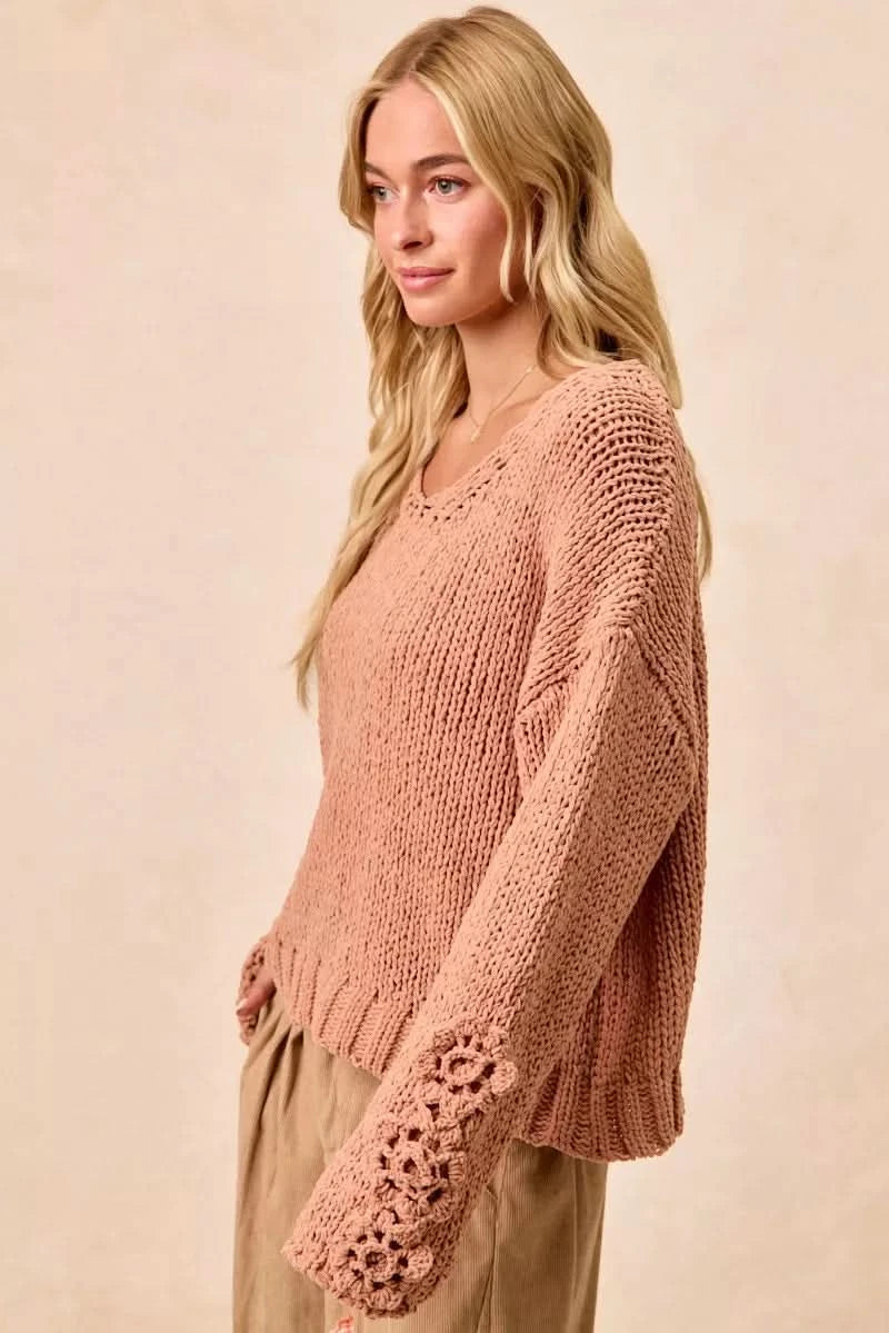 BiBi Chunky Knit Sweater with Flower Detail Sleeves in - photo