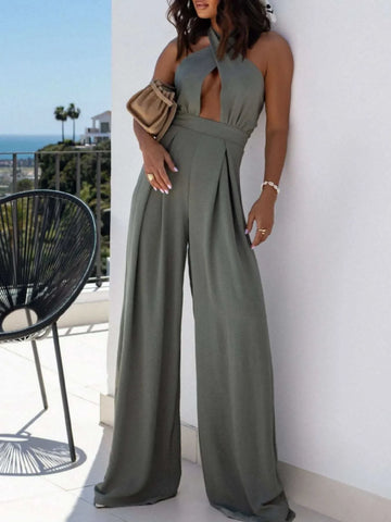 Wide Leg Cutout Halter Neck Jumpsuit - SwagglyLife Home & Fashion Wide Leg Cutout Halter Neck Jumpsuit - SwagglyLife Home & Fashion
